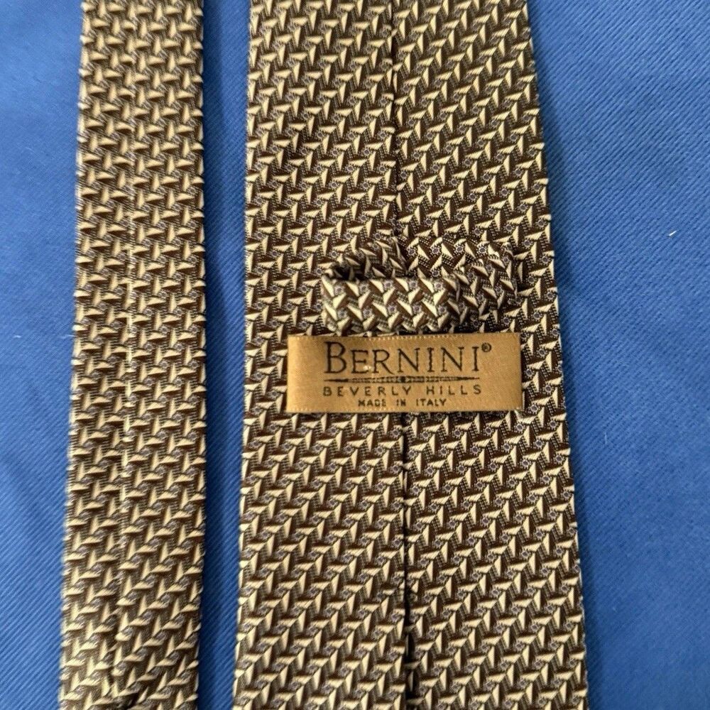 Vintage Bernini Beverly Hills Silk Tie 3.5"x57" Brown Gold Geometric Italy
